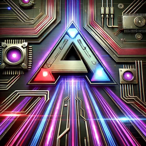 DALL·E 2024-09-25 00.29.31 - A futuristic tech-themed image featuring the Ark logo in the center, with additional purple neon colors and a sense of speed and movement. The metalli
