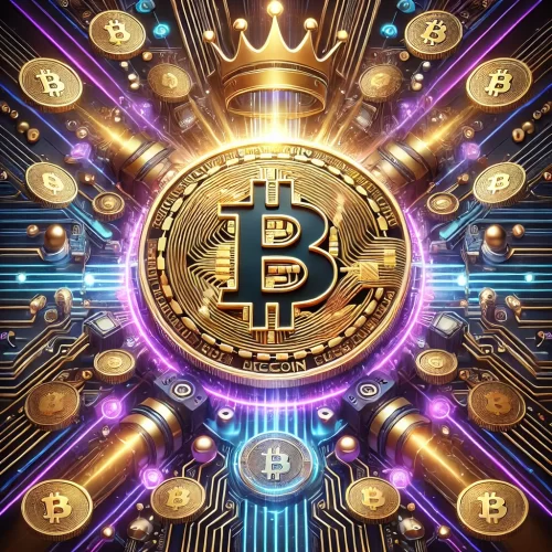 DALL·E 2024-09-25 00.36.44 - A highly detailed, futuristic Bitcoin-themed image featuring a large Bitcoin symbol in the center, surrounded by gold coins and intricate circuitry. T