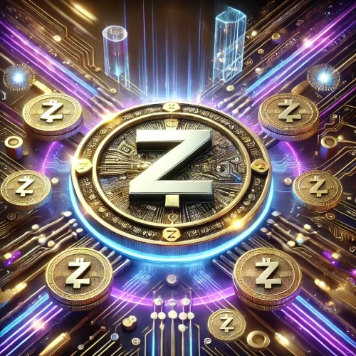 DALL·E 2024-09-25 01.14.17 - A futuristic, highly detailed Zcash-themed image featuring a large Zcash logo in the center, surrounded by gold and silver coins and intricate circuit